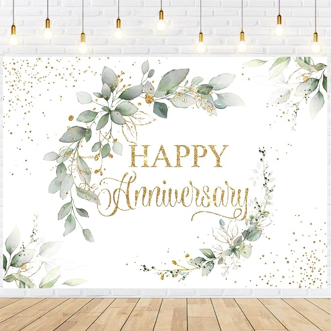 InMemory Sage Green Happy Anniversary Banner, Greenery Wedding Anniversary Backdrop, Couple Cheers to Marriage Background, Eucalyptus Leaves Memorial Party Decorations 6x4ft