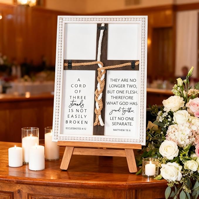 Farmhouse A Cord of Three Strands Wedding Ceremony Sign with Wooden Bead and Hanging Hook, Vintage Rustic Wood Unity Cross for Wedding Ceremony, 11 X 15 Religious Christian Wall Decor Gift for Couple