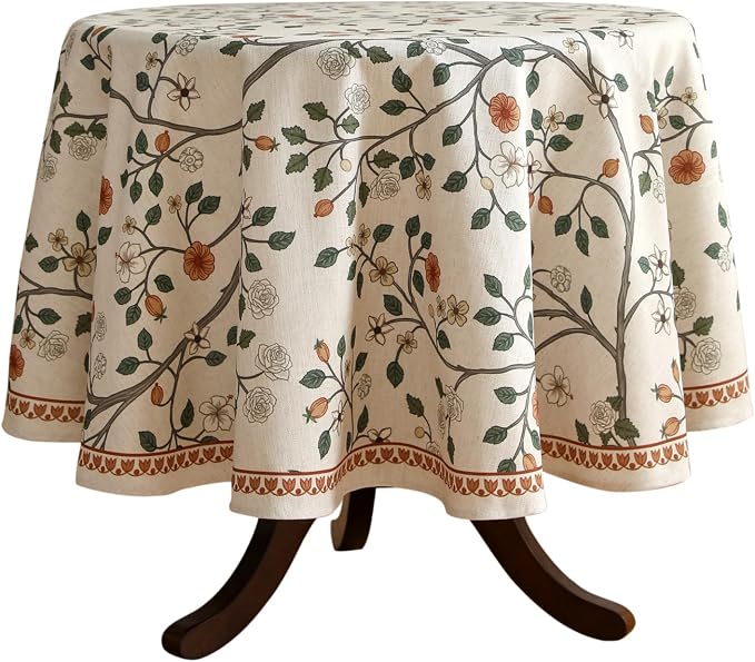 ISAENNE Vintage French Linen Round Tablecloth,Diameter 55"-Flora A | Designer Elegant Floral Table Cloth,Beautiful,Heavyweight,Decoration,Durable,Dining Room,Tea Party,Kitchen,Thanksgiving