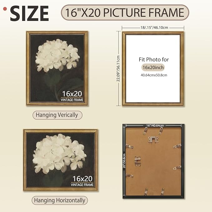 16x20 Picture Frames Vintage Gold for Tabletop & Wall Mount | 16 x 20 Photo Frame for Living Room, Bedroom, Office Décor & Gift Wedding Anniversary Housewarming