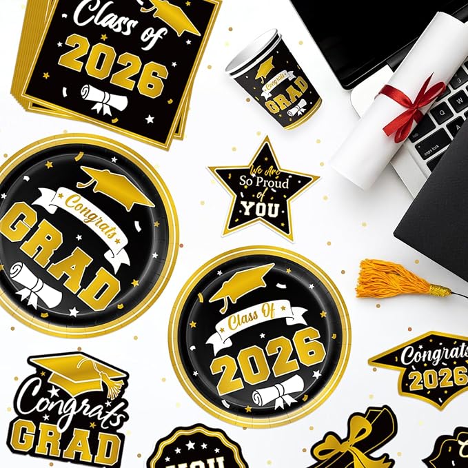 Graduation Decorations 2026 Black and Gold, Congratulations Party Favors Supplies Paper Plates Napkins Cups Tablecloth for 25 Guests, Disposable Tableware Accessories for College & Middle School