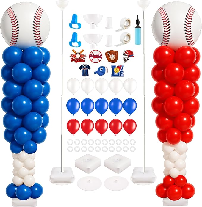Gejoy 2 Sets Baseball Balloon Column Stand Kit with 253 Baseball Latex Balloons 7 Cards 6.5 ft Adjustable Towers Kit for Sports Theme Party Team Celebration Tournament