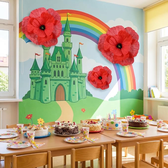 Norme 3 Pcs Giant Artificial Poppy Flowers 12, 16, 20 Inch Large Poppy July of 4th 250th Anniversary Patriotic Petals Giant Red Flowers for Independence Day Memorial Day Arch Decoration, Home Decor