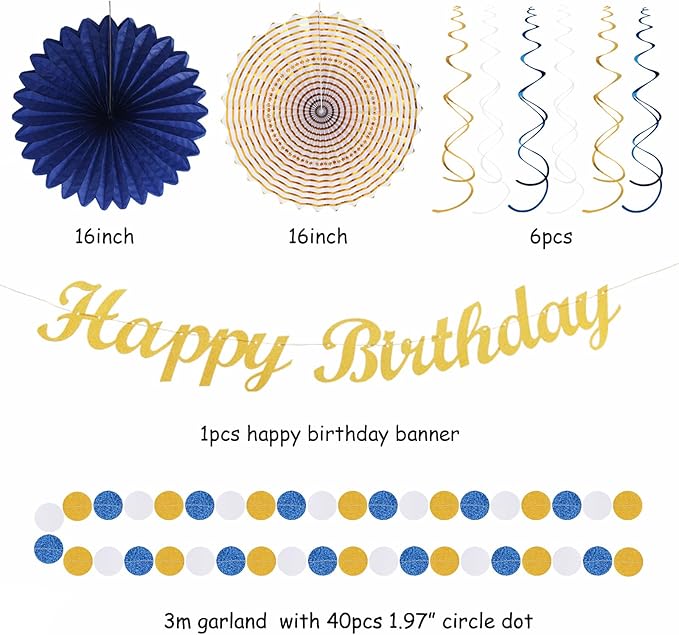 Navy-Blue White Gold Birthday Party-decorations - 21pcs Men Boys Adult Happy Banner Garland, Royal Paper Streamers Lanterns,Flower Tissue Pom Poms Fan Supplies, Wall Backdrop Decor Huglony