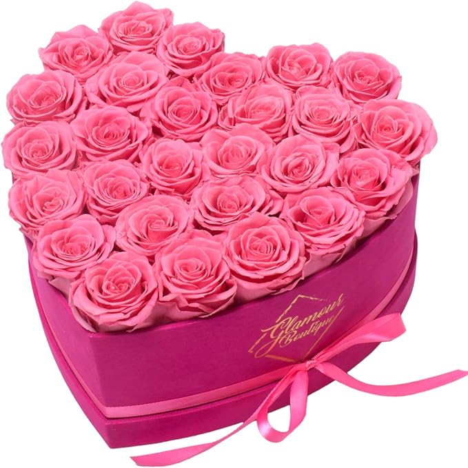 GLAMOUR BOUTIQUE 27 Flower Forever Heart Shape Box, Mothers Day Gift For Mom, Eternal Preserved Roses Gift for Her, Flowers bouquet, For Birthday, Anniversary, Girlfriend - Velvet Pink (Color-Treated)