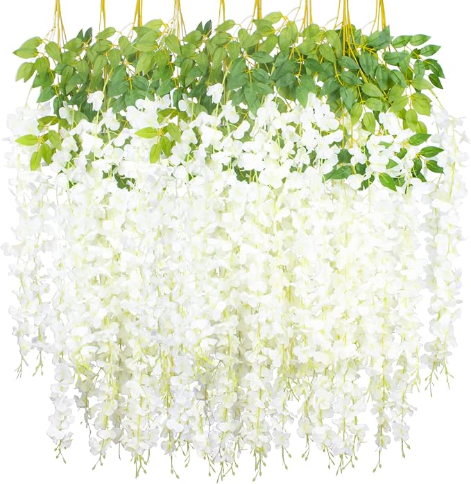 AITISOR 12 Pack Artificial Flowers Silk Wisteria Vine Ratta Hanging Flower (White)