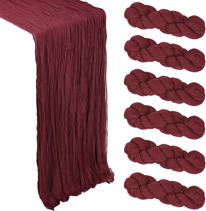 6 Pack Burgundy Cheesecloth Table Runner 10Ft Gauze Red Cheese Cloth Runner 35x120 Inch Boho Rustic Fabric for Holiday Party Decor Baby Shower Wedding Decorations