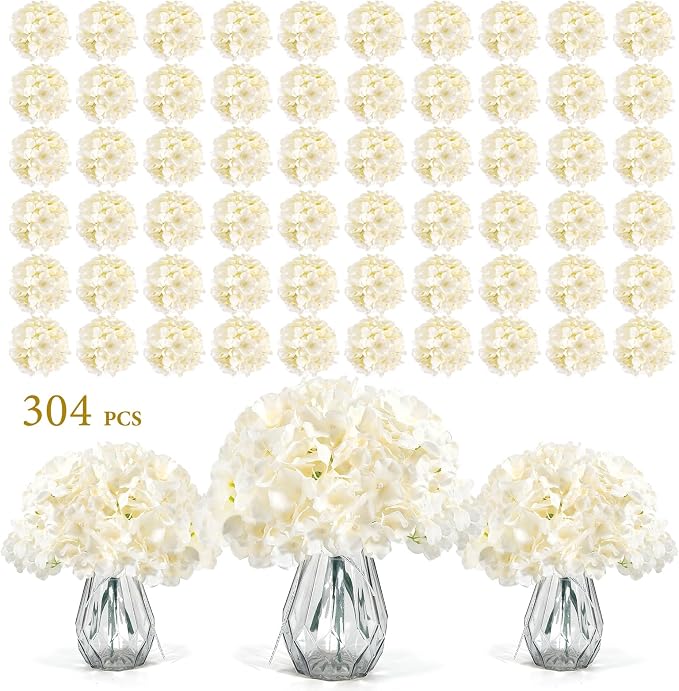 Auihiay 304PCS Hydrangea Artificial Flowers Bulk, Silk Artificial Hydrangea Flowers Heads with Stems, Faux Hydrangea Flowers for Home Table Centerpieces Wedding Arch Party Decoration (Champagne)