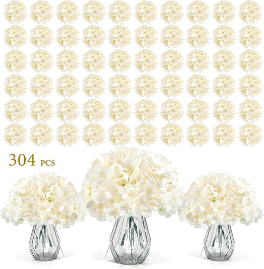 Auihiay 304PCS Hydrangea Artificial Flowers Bulk, Silk Artificial Hydrangea Flowers Heads with Stems, Faux Hydrangea Flowers for Home Table Centerpieces Wedding Arch Party Decoration (Champagne)