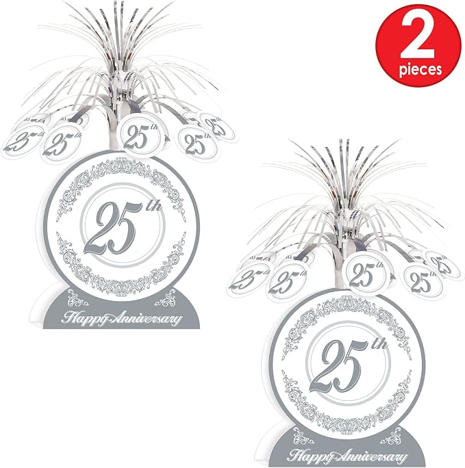 Beistle S50513AZ2 25th Anniversary Centerpieces 2 Piece, 13", Silver/White