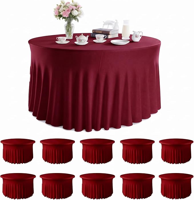 10 Pack Red Round Spandex Tablecloths for 60in Tables, 120 Inch Stretch Fitted Table Skirts, Wrinkle-Free Washable Polyester Covers for Wedding, Banquet & Party