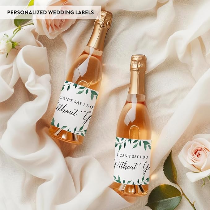 Andaz Press Bridesmaid Proposal Mini Wine Labels for Bottles, I Can't Say I Do Without You, Greenery Green Leaves, 20 Pack Custom Mini Champagne Bottles Bulk Waterproof Mini Wine Bottle Labels