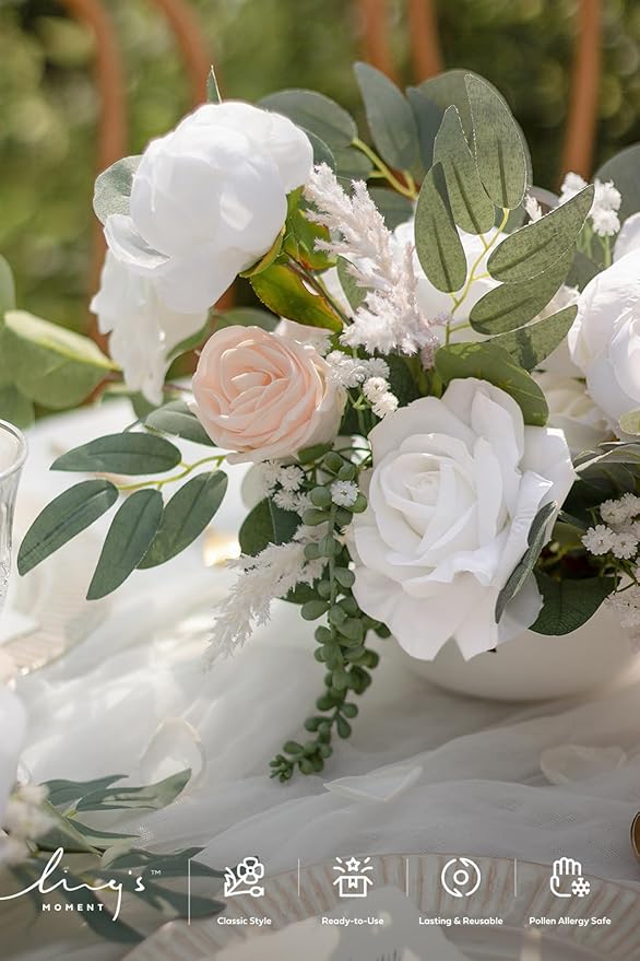 Ling's moment Fake Flowers Box, Faux Artificial Greenery Stems Foam Roses Silk Peonies Willow Fabic Flower for Centerpieces Bouquet Wedding Vase Floral Decorations, White & Blush, Grand Combo