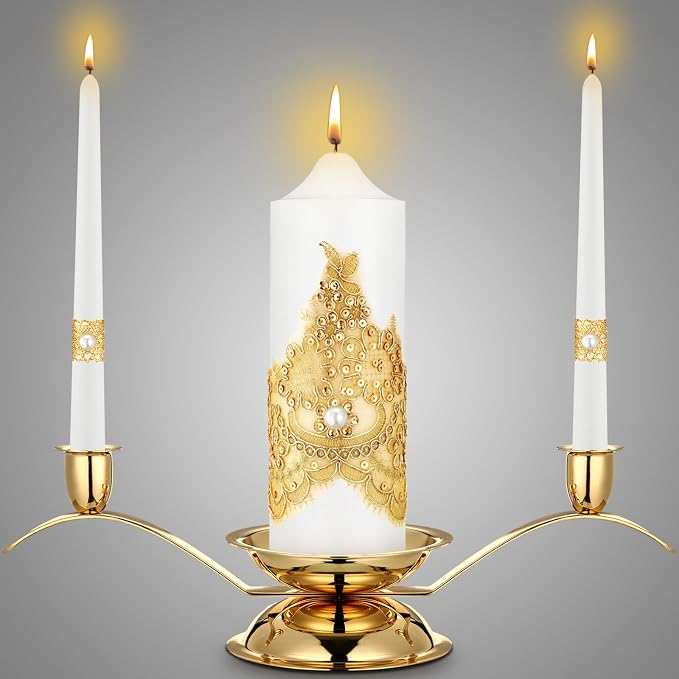 Irenare Unity Candles with Holder for Wedding Ceremony Wedding Decortions Accessories Glass Candle Holder Pillar Candle for Formal Events Church(Gold Wedding)