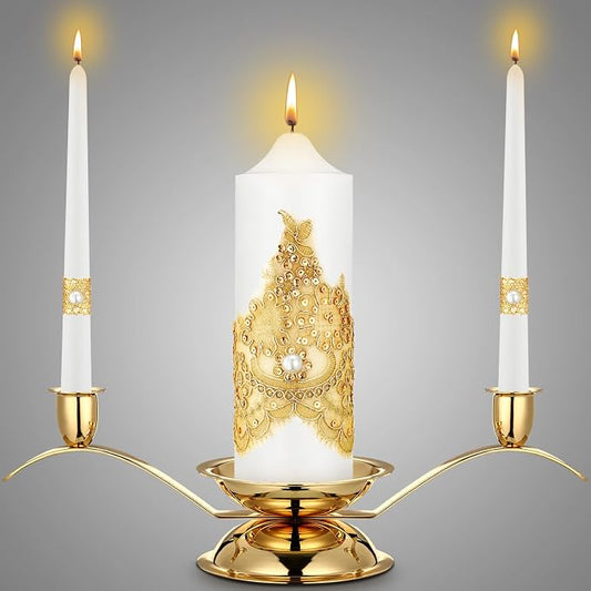 Irenare Unity Candles with Holder for Wedding Ceremony Wedding Decortions Accessories Glass Candle Holder Pillar Candle for Formal Events Church(Gold Wedding)