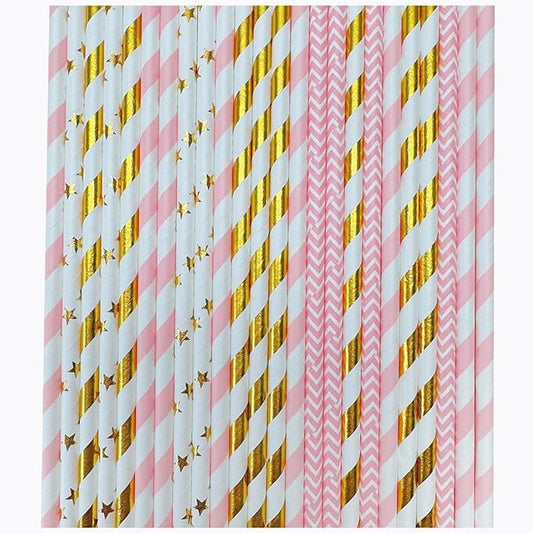 YAOSHENG [100 Pack] Pink & Gold Paper Straws Disposable, 100% Biodegradable Multi-Pattern Party Straws For Birthday, Wedding and Holiday Decoration (pink gold)