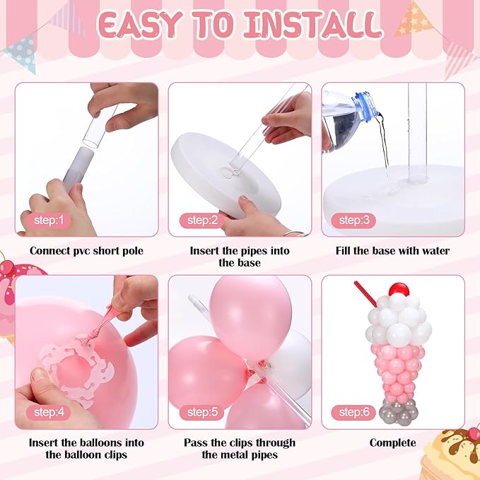2 Set Ice Cream Balloon Column Stand Kit with 150 Balloon 2 Removable Milkshake Stand with Weighted Base and Stick 30 Rings Column Tower for Baby Shower Birthday Wedding Party Decor
