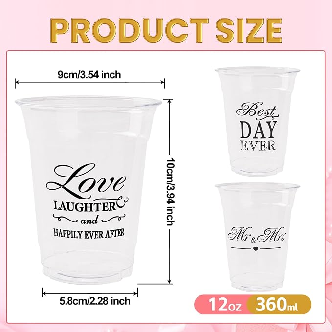 150 Pack Wedding Disposable Plastic 12 oz Mr and Mrs Cups for Wedding Reception and Bridal Shower Decorations