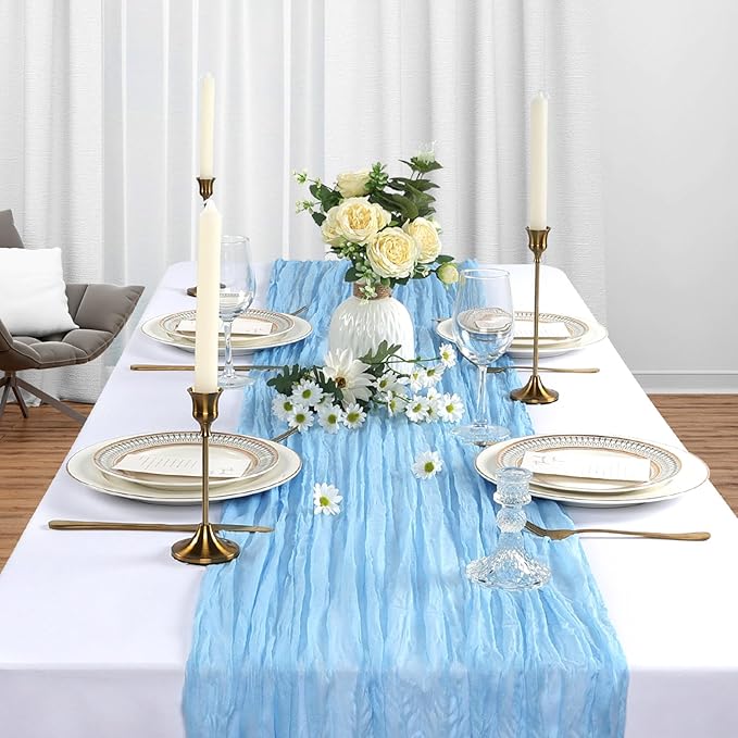 12 Pack Baby Blue Cheesecloth Table Runner 10Ft Spring Gauze Cheese Cloth Table Runner 35x120 Inch Boho Sheer Rustic Fabric for Party Decor Baby Shower Wedding Decorations