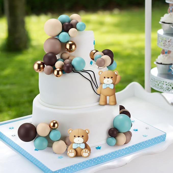 Geelin 101 Pcs Teddy Bear Ball Cake Toppers Decors Blue Brown Gold Khaki Mini Balloons Foam Balls Cake Toppers for Bear Birthday Cupcake Baby Shower Wedding Decoration
