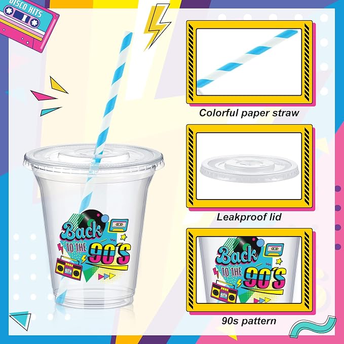 Qinyoung 60 Sets 90's Party Plastic Cups Bulk 14 oz 90s Disco Dance Party Favor Supplies Ice Coffee Plastic Colorful Cups Bulk with Lids and Paper Straws for Cowgirl Birthday