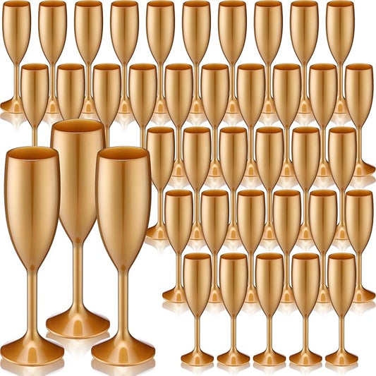 Domensi 40 Pack Gold Acrylic Champagne Flutes Bulk 6 oz Unbreakable Reusable High Stem Plastic Toasting Goblets for Wedding, Party, Camping & Restaurant