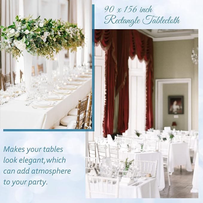10 Packs Tablecloth 90 x 156 Inch, White Polyester Table Cloth for 8ft Rectangle Tables, Stain and Wrinkle Resistant Washable Fabric Table Cover for Wedding Banquets Parties Buffet Dining Table
