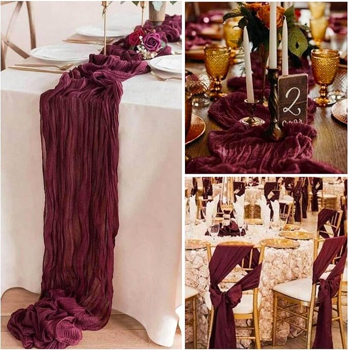 8 Pack Burgundy Valentine's Day Cheesecloth Table Runner 21x120 Inch Wine Red Gauze Reusable Polyester 10ft Boho Rustic Cheese Cloth Table Runner for Wedding Party Baby Shower Birthday