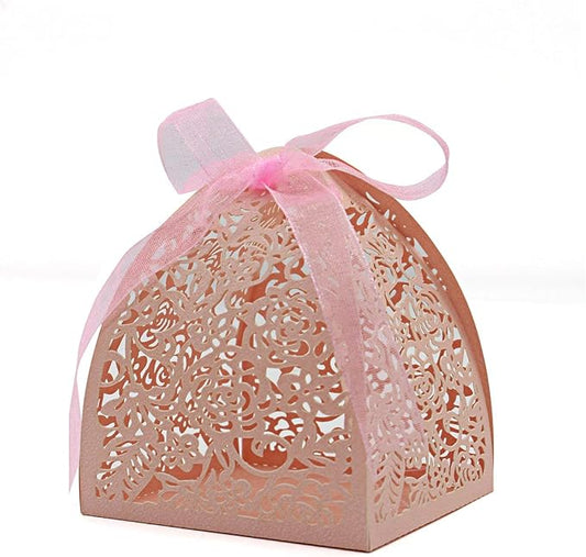 KPOSIYA Pack of 100 Laser Cut Rose Candy Boxes, Favor Boxes 2.5"x 2.5"x 3.1", Gift Boxes Bridal Shower Anniverary Birthday Party Wedding Favor (100,Pink)