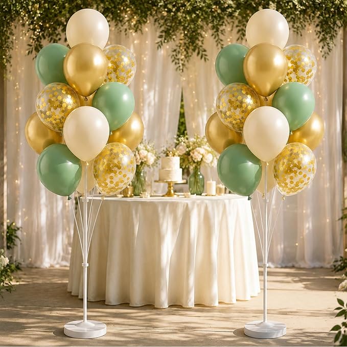 Balloon Column Stand Kit with Balloons, Base and Pole, Balloon Column Kit for Floor or Table Backdrop Decoration for Party Wedding Baby Shower Birthday Graduation (T-Sage Green Gold)