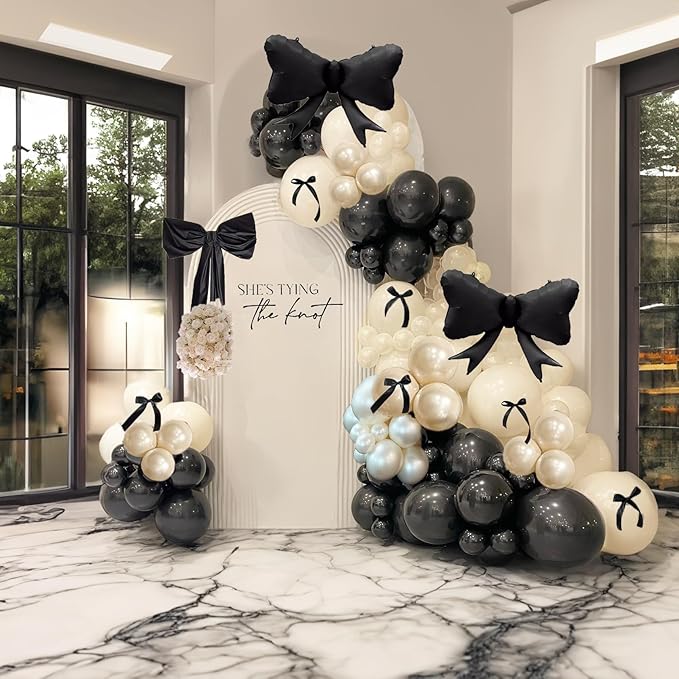 Black Bow Birthday Party Decorations 122pcs black Ivory White Double Stuffed Pearl White Balloons with Bow Foil Balloons for Girl Coquette Birthday Wedding Bridal Party Decorations
