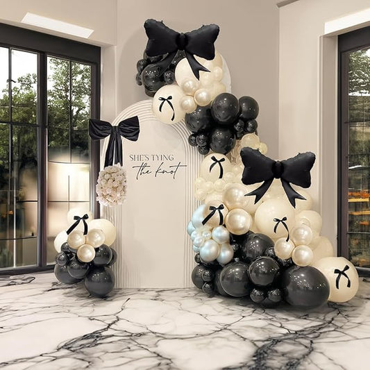 Black Bow Birthday Party Decorations 122pcs black Ivory White Double Stuffed Pearl White Balloons with Bow Foil Balloons for Girl Coquette Birthday Wedding Bridal Party Decorations
