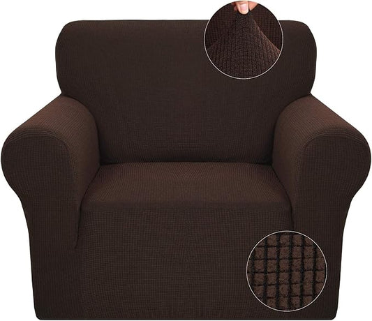 JIVINER Super Stretch Chair Slipcovers with Arms 1-Piece Jacquard Small Checks Living Room Armchair Covers Soft Anti Slip Sofa Couch Furniture Protector for Kids Pets (Chair, Coffee)