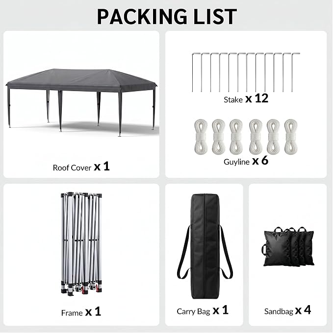 10x20 FT Portable Pop Up Canopy Tent with Sandbags, Adjustable Height Instant Gazebo Without Sidewalls,Waterproof Outdoor Canopy for Camping, Parties, Vendor Events (Grey, 3m × 6m Without sidewalls)