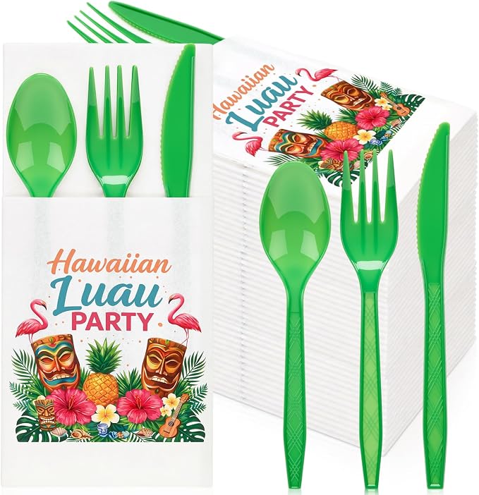 LemonRoad 50 Sets Hawaiian Luau Party Plastic Silverware Serves 50 Green Disposable Prefolded Summer Cutlery Includes Forks Knives Spoons Paper Napkin Luau Party Tableware for Tropical Beach Birthday