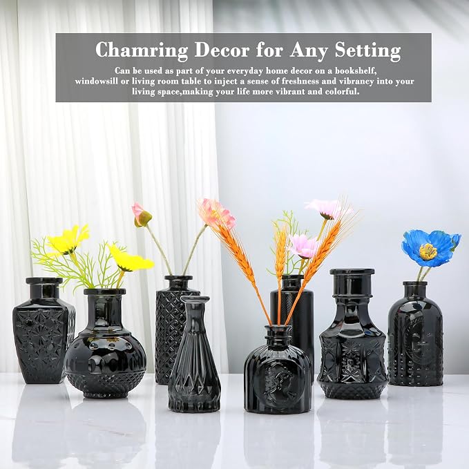 Bud Vase Set of 25: Black Glass Vases - Small, Cute Vintage Set for Flower, Wedding, Home Decorations