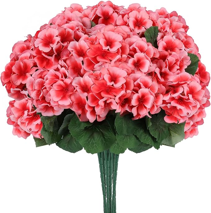 Hananona 12 Pcs Artificial Geranium Flowers for Outdoors Geranium Silk Flowers Outdoor UV Resistant Garden Plants Faux Flowers for Home Kitchen Table Centerpieces Decor (12, Peach)