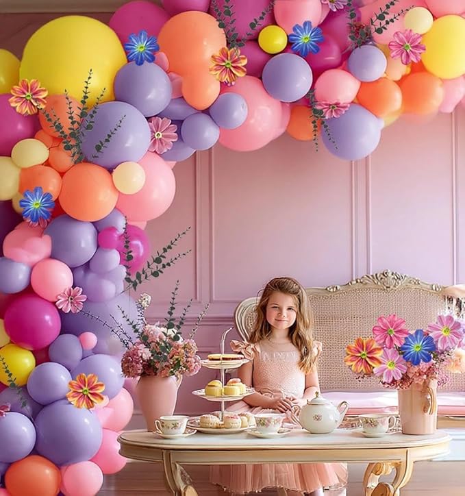 Hot Pink Purple Balloon Arch Double Stuffed Balloons with Artificial Flowers Eucalyptus Leaves Pastel Yellow Peach Magenta Latex Garland for Wildflower Birthday Baby Shower Wedding Floral Party Decor
