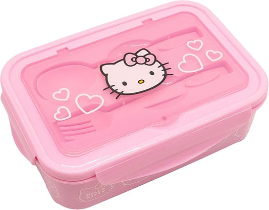 Fast Forward Hello Kitty Bento Lunch Box for Kids | Sanrio Food Container with Utensils | BPA-Free Toddler Lunch Kit with 3 Compartments | Bento Snack Box with Spoon & Fork