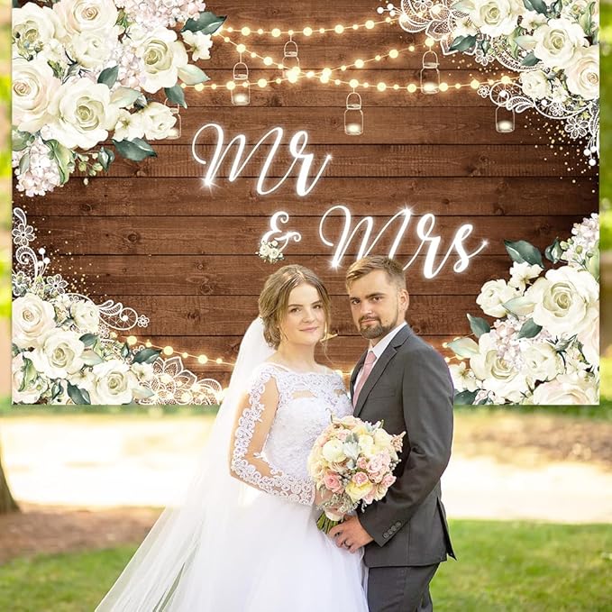 MEHOFOND 10x7ft White Floral Mr & Mrs Engagement Decorations Backdrop Couples Wedding Wooden Background Bride and Groom Engaged Ceremony Anniversary Bridal Shower Party Supplies Photobooth Props