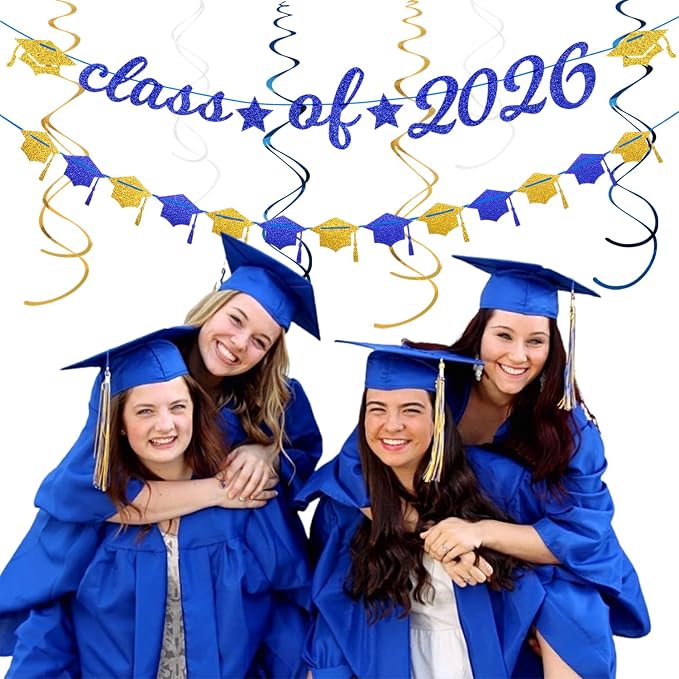 2026 Blue Class-Congratulations Prom Graduation Party-Decorations - 22pcs High School College Grad Supplies Decor, Royal Navy White Gold Tissue Pom Poms Streamers, Paper Flowers Lanterns Hugmoon