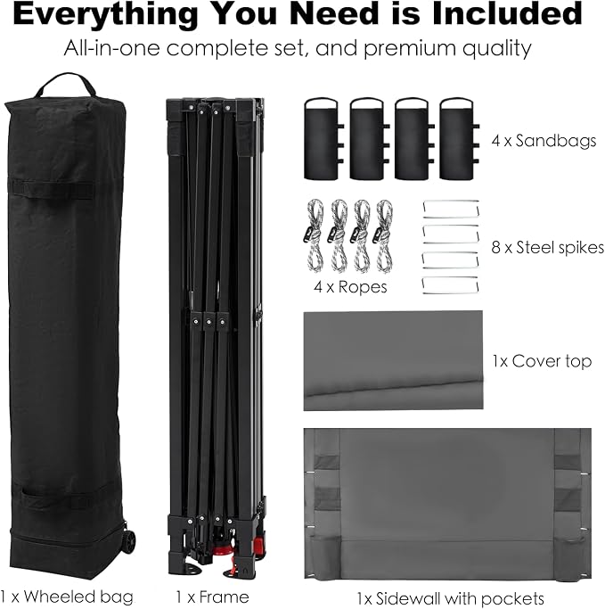 GAFETE 10×10 Pop Up Canopy Tent with 1 Pockets Sidewall, Easy up Sun Shade with One Push Setup, Portable Instant Outdoor Canopy Tent for Events Parties Camping with Carrying Bag (Gray, 10x10 FT)