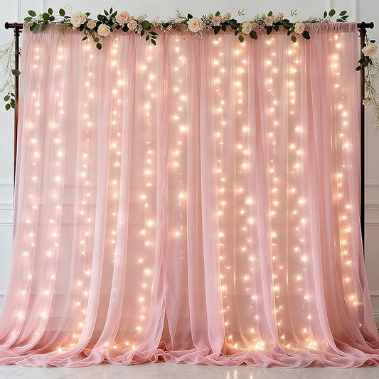 Ledido 3 Pack 10×10ft Pink Tulle Backdrop Curtains with Lights String - 900LED Fairy Lights Sheer Curtain Backdrop for Wedding Baby Shower Photo Shoot Birthday Party Decoration(6 Panels 5×10ft)，Pink