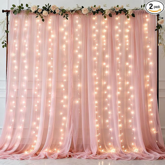Ledido 10×8ft Pink Tulle Backdrop Curtains with Lights String - 300LED Fairy Lights Sheer Curtain Backdrop for Wedding Baby Shower Photo Shoot Birthday Party Decoration(2 Panels 5×8ft)，Pink