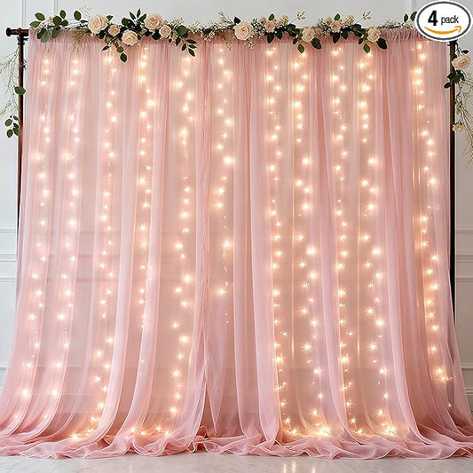 Ledido 2 Pack 10×10ft Pink Tulle Backdrop Curtains with Lights String - 600LED Fairy Lights Sheer Curtain Backdrop for Wedding Baby Shower Photo Shoot Birthday Party Decoration(4 Panels 5×10ft)，Pink