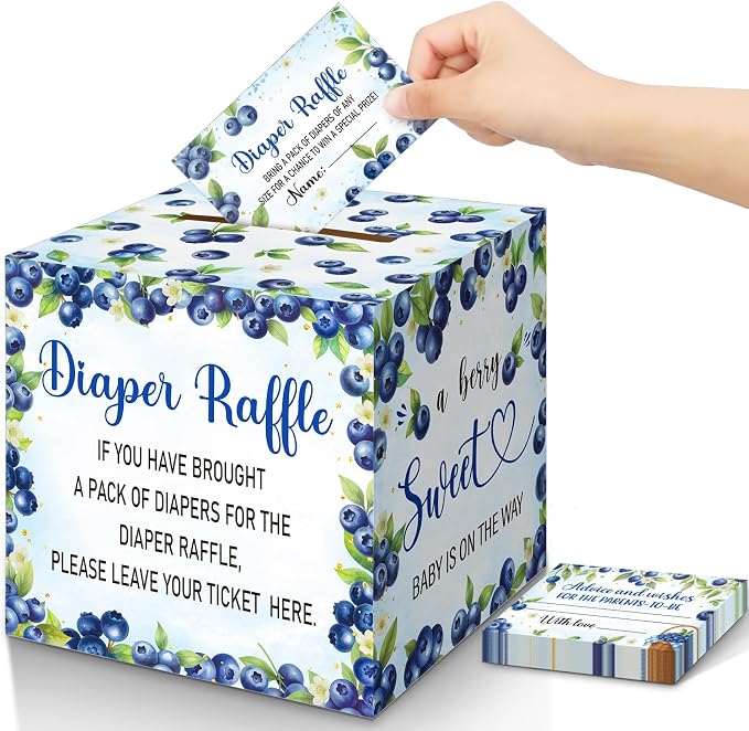 Teling 51 Pieces Diaper Raffle Tickets with Card Box Baby Shower Decorations Gender Reveal Holder Box for Girl Boy Diaper Raffle Party(A Berry Sweet Baby is on the Way)