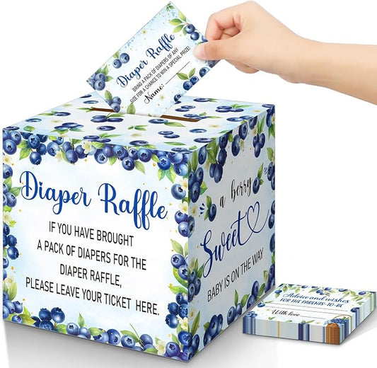 Teling 51 Pieces Diaper Raffle Tickets with Card Box Baby Shower Decorations Gender Reveal Holder Box for Girl Boy Diaper Raffle Party(A Berry Sweet Baby is on the Way)