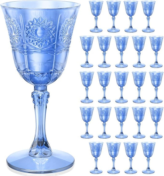 Plastic Wine Glasses, Unbreakable Wine Cups with Stem 6oz Disposable for Wedding Party Holiday, Sunflowers Vintage Plastic Goblets for Champagne, Juice, Cocktail (24 Pcs Blue)