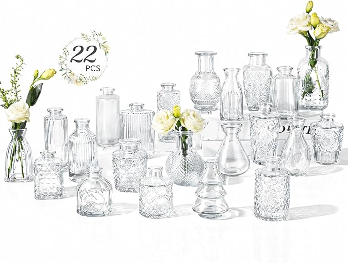 RUCKAE Glass Bud Vases Mini Flower Vase Small Vintage Vases for Centerpiece Table Wedding Decorations Home Decor Party(Transparent 22 Pack)