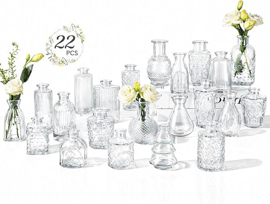 RUCKAE Glass Bud Vases Mini Flower Vase Small Vintage Vases for Centerpiece Table Wedding Decorations Home Decor Party(Transparent 22 Pack)